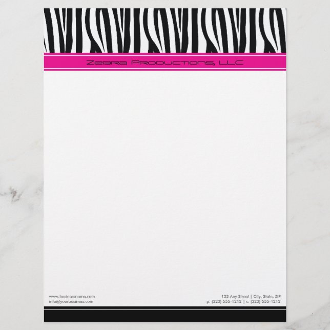 Zany Zebra-Shock rosa Anpassad designerletterhead Brevhuvud (Framsida)