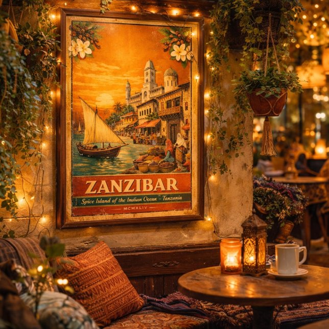 Zanzibar Vintage Resemaffisch|Kryddön Tanzai Poster (Zanzibar Vintage Travel Poster — warm boho living room wall art)