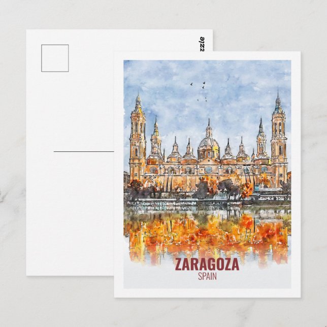 Zaragoza Spain Berömd Travel Watercolor Sketch Vykort (Fram/baksida)