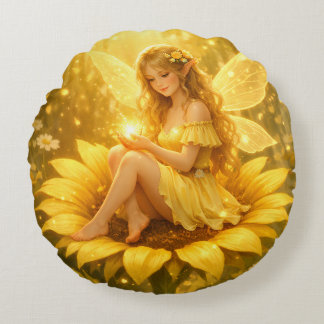Zarte Elfe auf einer Sonnenblume Rund Kudde
