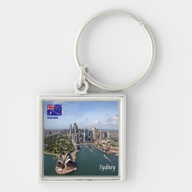 zAU048 SYDNEY, Australien, Oceanien. Fyrkantig Silverfärgad Nyckelring (Framsidan)