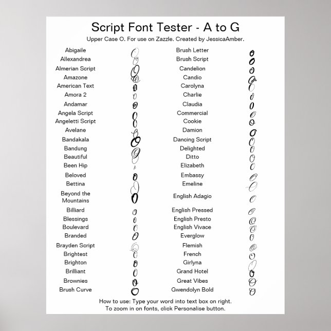 Zazzle Script Font A - G Jämförelse - Versal O Poster (Framsidan)