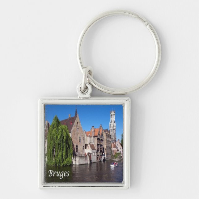 zBE052 BRUGES-kanalen, Belgien Fyrkantig Silverfärgad Nyckelring (Framsidan)