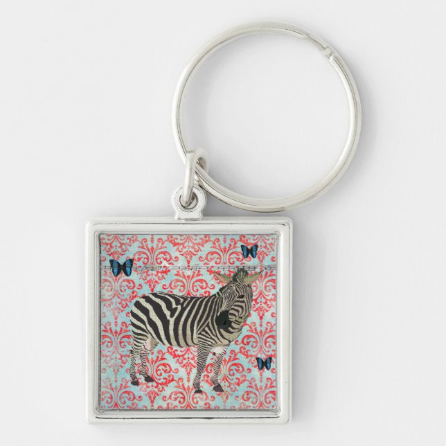 Zeb & blåttBoho fjärilar Keychain Fyrkantig Silverfärgad Nyckelring (Framsidan)
