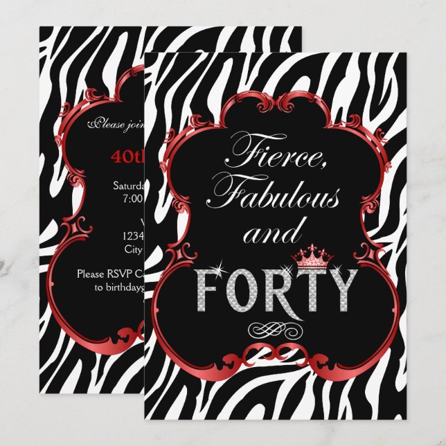 Zebra 40 och Fabulous Bling Birthday Inbjudningar (Fram/baksida)