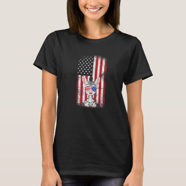 Zebra American Flagga Boys Girls Manar Women Fjärd T Shirt (Framsida)