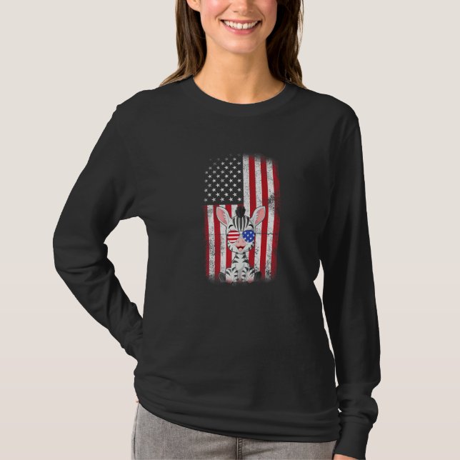 Zebra American Flagga Boys Girls Manar Women Fjärd T Shirt (Framsida)