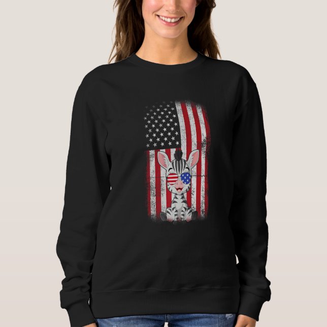 Zebra American Flagga Boys Girls Manar Women Fjärd T Shirt (Framsida)