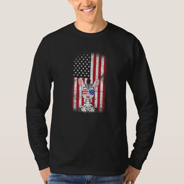 Zebra American Flagga Boys Girls Manar Women Fjärd T Shirt (Framsida)
