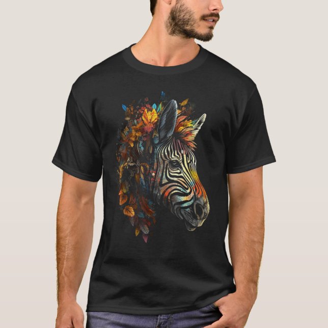 Zebra Autumn Leaves Colourful Animal Zoo Zebra T Shirt (Framsida)