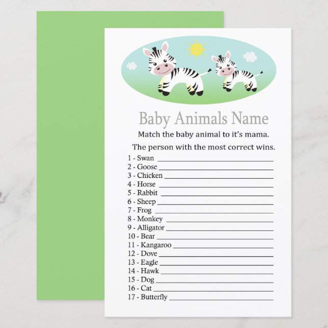 Zebra Baby Djur Namn Lek (Fram/baksida)