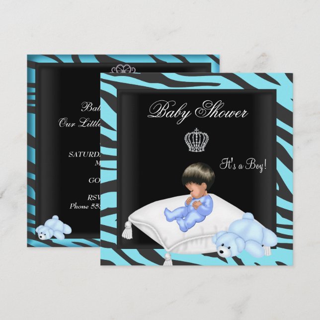 Zebra Baby Shower Boy Blue Black Krona Prince Inbjudningar (Fram/baksida)