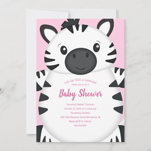 Zebra Baby Shower Rosa Inbjudningar (Framsida)
