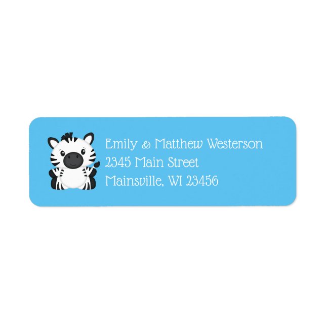 Zebra Baby Shower Safari Blue Boy Returadress Etikett (Framsidan)