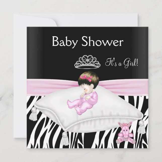 Zebra Bebis Kalas Flickan Rosa Svart Vit Prinsessa Inbjudningar (Framsida)