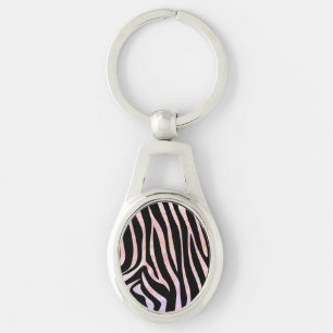 Zebra Black and Rosa Print Ovalt Silverfärgad Nyckelring