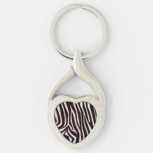 Zebra Black and Rosa Print Twisted Heart Silverfärgad Nyckelring
