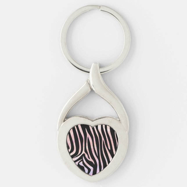 Zebra Black and Rosa Print Twisted Heart Silverfärgad Nyckelring (Framsidan)