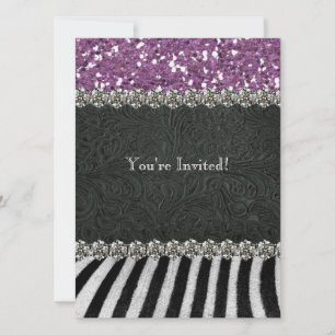 Zebra Black Lila Glitter Titta Möhippa Inbjudningar