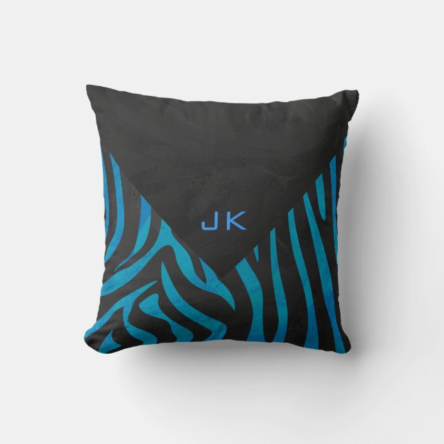 Zebra Black och Blue med Monogram Kudde (Framsida)