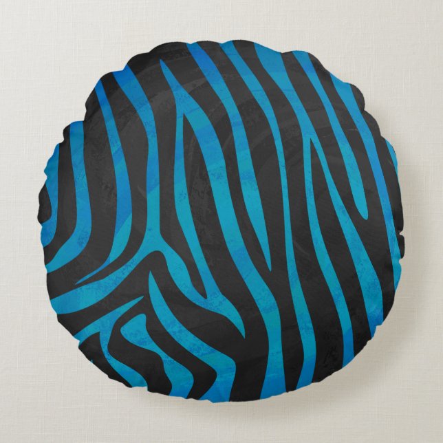 Zebra Black och Blue Print Rund Kudde (Framsidan)