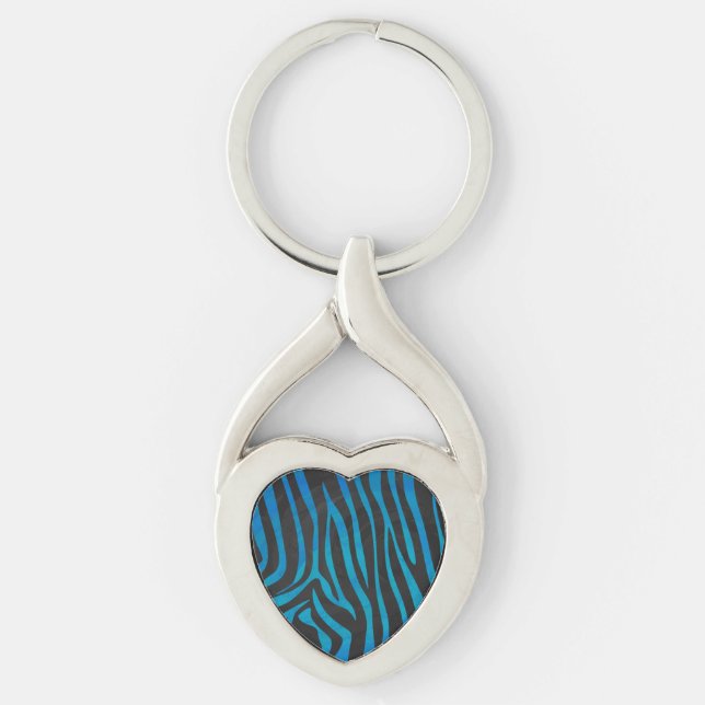 Zebra Black och Blue Print Twisted Heart Silverfärgad Nyckelring (Framsidan)