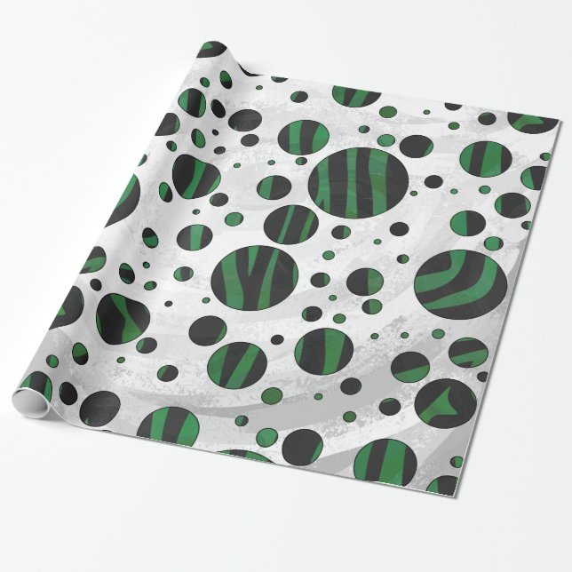 Zebra Black och Grönt Polka Dot Presentpapper (Utrullad)