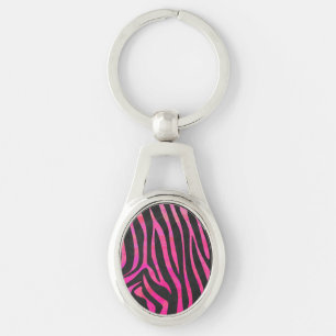 Zebra Black och Shock rosa Print Ovalt Silverfärgad Nyckelring