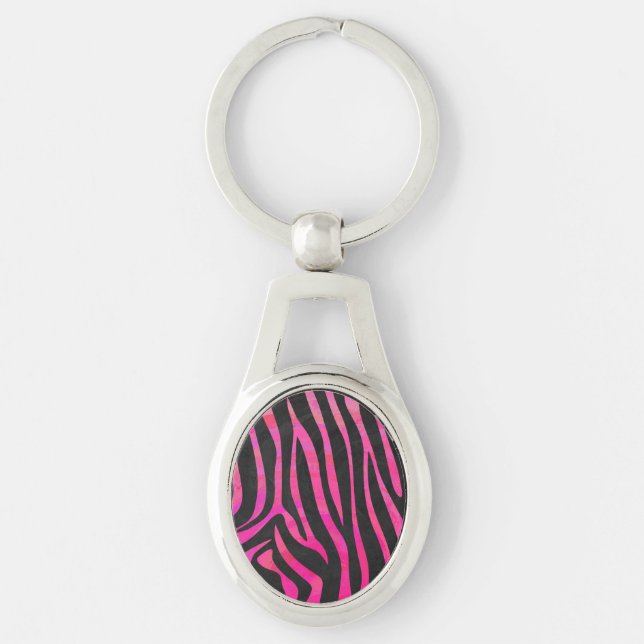 Zebra Black och Shock rosa Print Ovalt Silverfärgad Nyckelring (Framsidan)