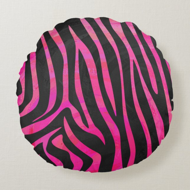 Zebra Black och Shock rosa Print Rund Kudde (Framsidan)