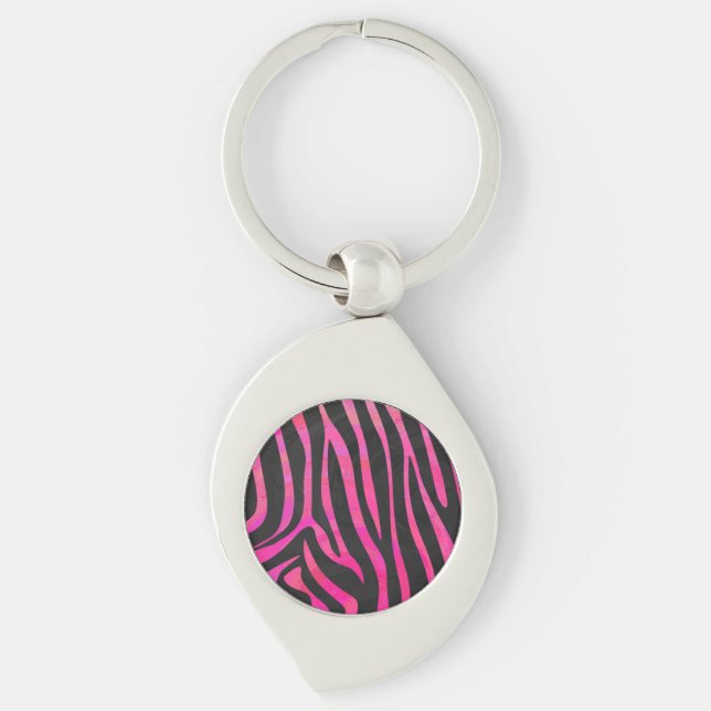 Zebra Black och Shock rosa Print Swirl Silverfärgad Nyckelring (Framsidan)
