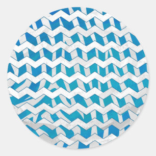 Zebra Blue och White Chevron Runt Klistermärke