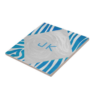 Zebra Blue och White med Monogram Kakelplatta