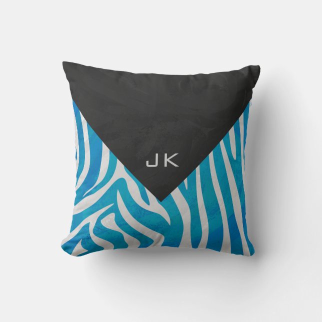 Zebra Blue och White med Monogram Kudde (Framsida)