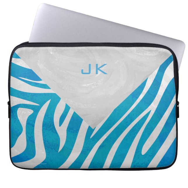 Zebra Blue och White med Monogram Laptop Sleeve (Framsidan)