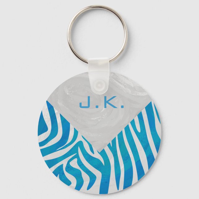 Zebra Blue och White med Monogram Nyckelring (Framsida)