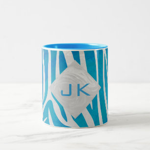 Zebra Blue och White med Monogram Två-Tonad Mugg