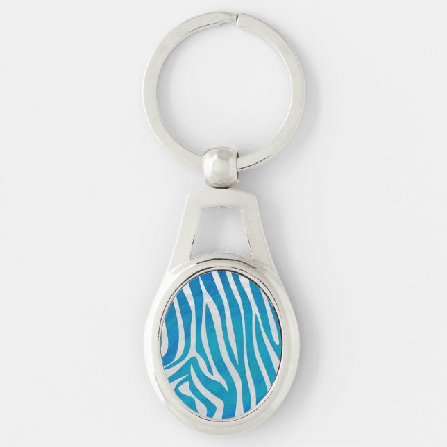 Zebra Blue och White Print Ovalt Silverfärgad Nyckelring (Framsidan)