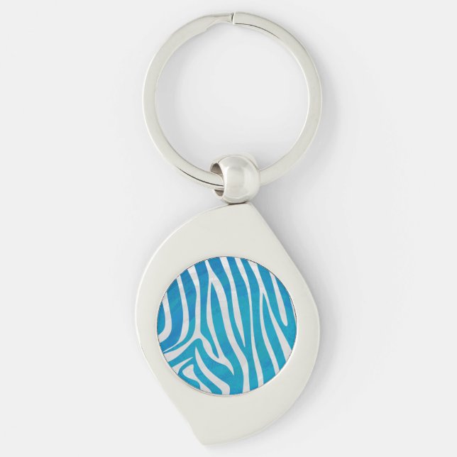 Zebra Blue och White Print Swirl Silverfärgad Nyckelring (Framsidan)