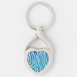 Zebra Blue och White Print Twisted Heart Silverfärgad Nyckelring