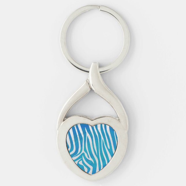 Zebra Blue och White Print Twisted Heart Silverfärgad Nyckelring (Framsidan)