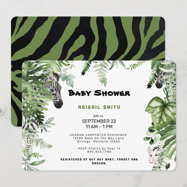 Zebra Botanical Baby Shower Rundad Inbjudningar (Fram/baksida)