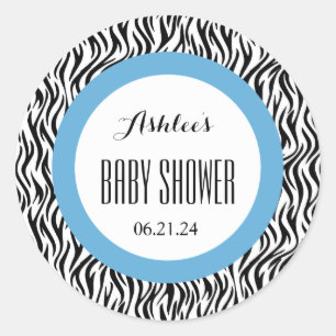 ZEBRA Boy Shower Namn Date V04 BLUE BLACK Runt Klistermärke