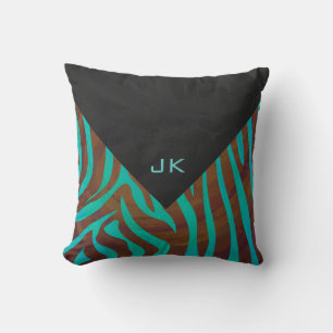 Zebra Brown och Teal med Monogram Kudde