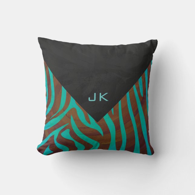 Zebra Brown och Teal med Monogram Kudde (Framsida)