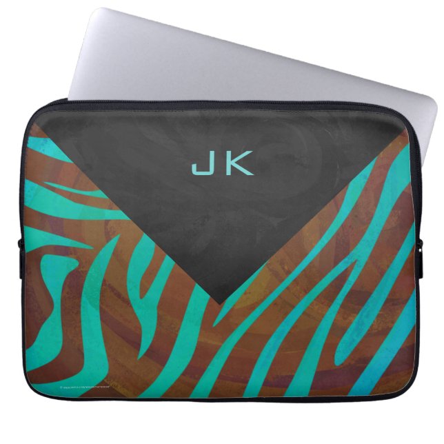 Zebra Brown och Teal med Monogram Laptop Sleeve (Framsidan)