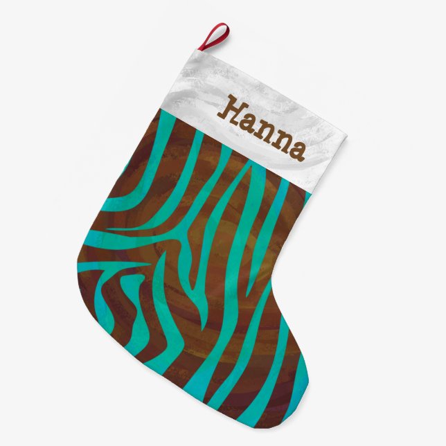 Zebra Brown och Teal med Monogram Stor Julstrumpa (Framsidan (Hängande))