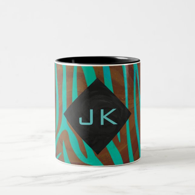Zebra Brown och Teal med Monogram Två-Tonad Mugg (Center)