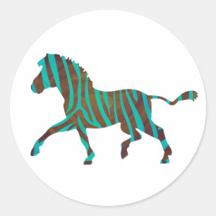 Zebra Brown och Teal Print Silhouette Runt Klistermärke