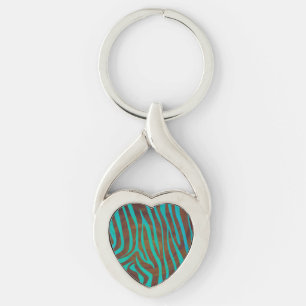 Zebra Brown och Teal Print Twisted Heart Silverfärgad Nyckelring